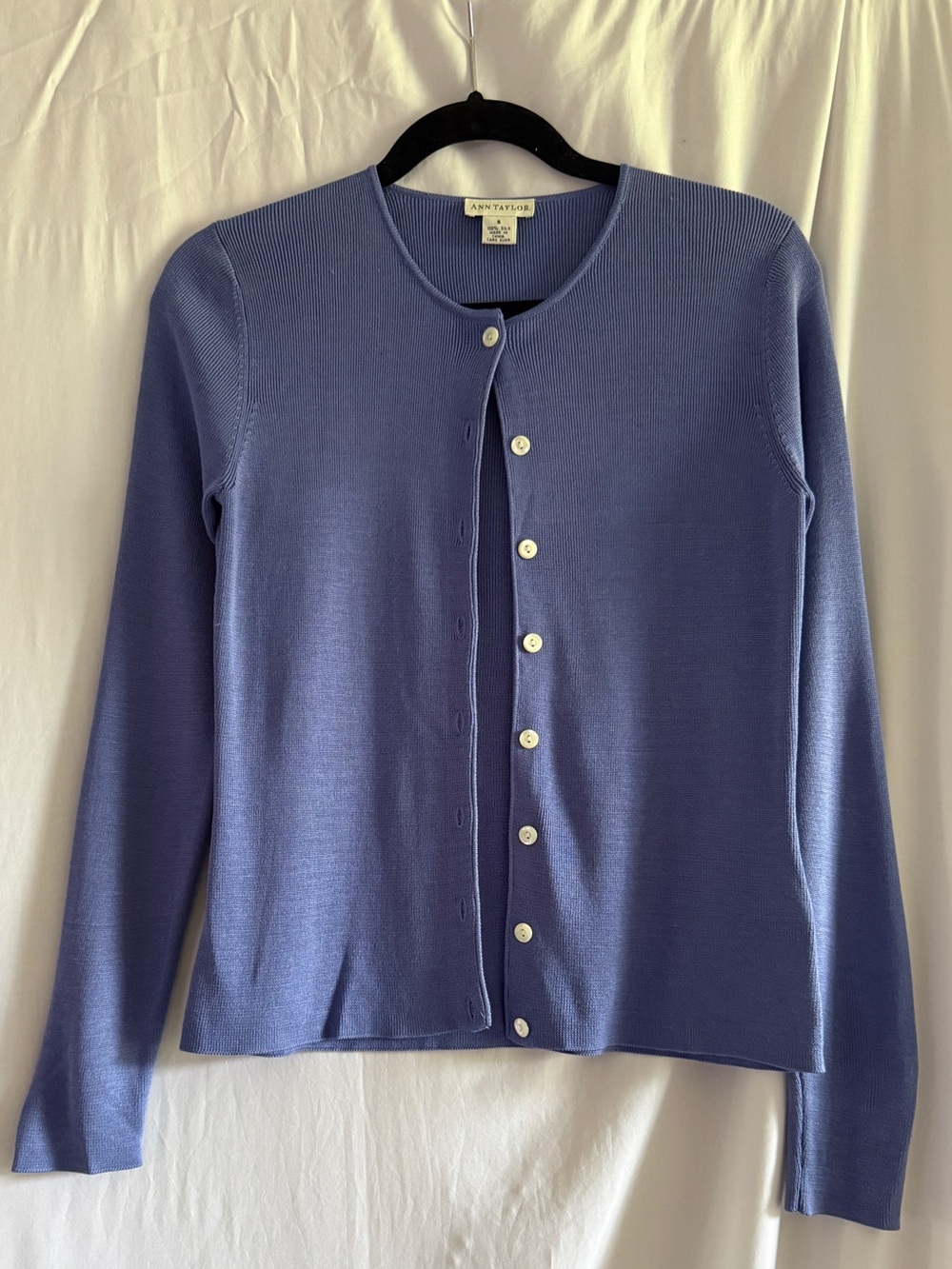 Vintage Ann Taylor Blue Button Front 100% Silk Crewneck Cardigan